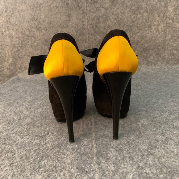 Casadei Black Yellow Suede Satin Lace Up Heels Platform Shoes - Picture 9 of 10